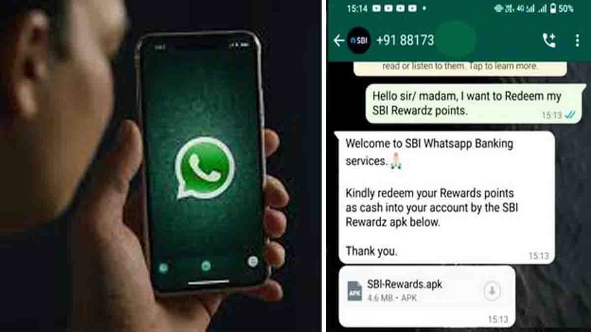 Mobile phone screen showing a WhatsApp scam alert warning with red caution sign, representing cyber security threat and SBI alert in India