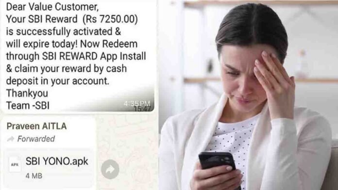 Mobile phone screen showing a WhatsApp scam alert warning with red caution sign, representing cyber security threat and SBI alert in India