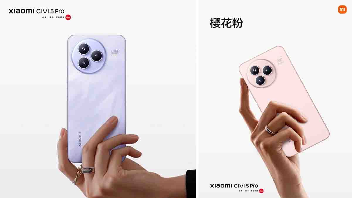 Xiaomi Civi 5 Pro smartphone in Nebula Purple and Sakura Pink colors showcasing ultra-slim bezel design, Leica-powered triple camera, and 6.55-inch OLED display