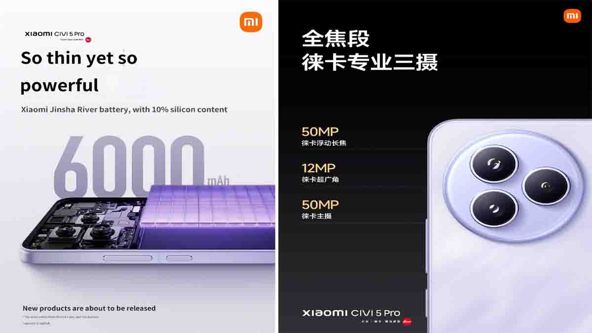 Xiaomi Civi 5 Pro smartphone in Nebula Purple and Sakura Pink colors showcasing ultra-slim bezel design, Leica-powered triple camera, and 6.55-inch OLED display