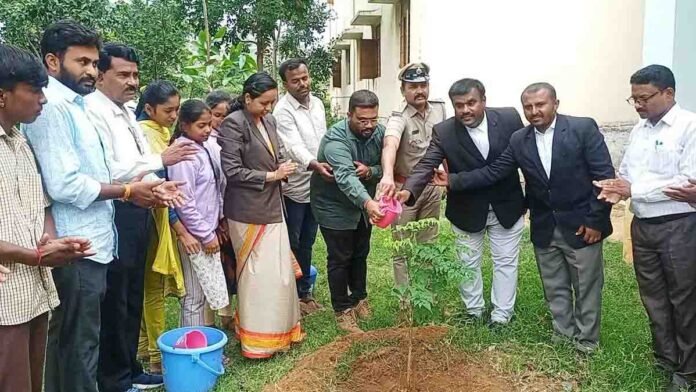 Students taking anti-drug day pledge during awareness program in Gudibande, Karnataka