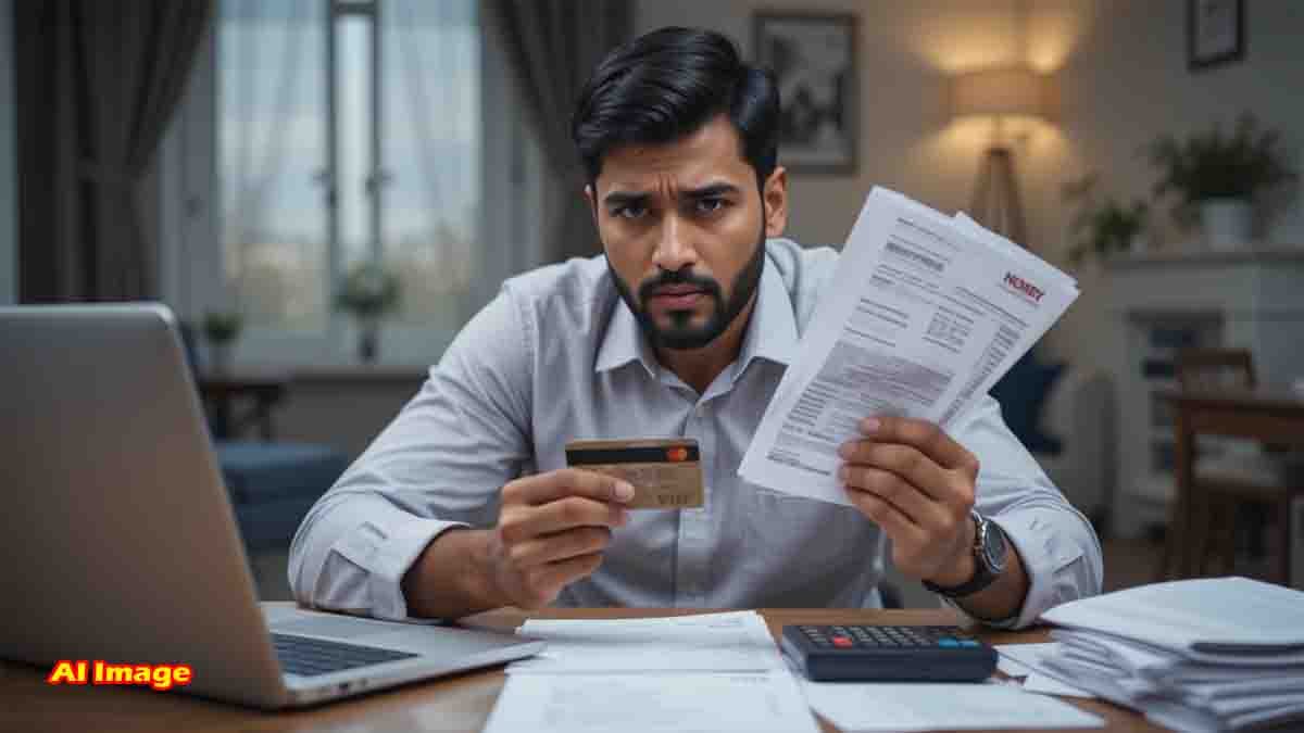 Indian man stressed over credit card bills and full limit usage, facing financial pressure at home
