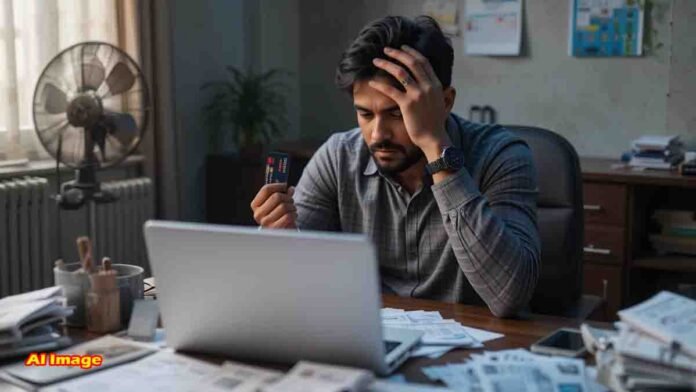 Indian man stressed over credit card bills and full limit usage, facing financial pressure at home