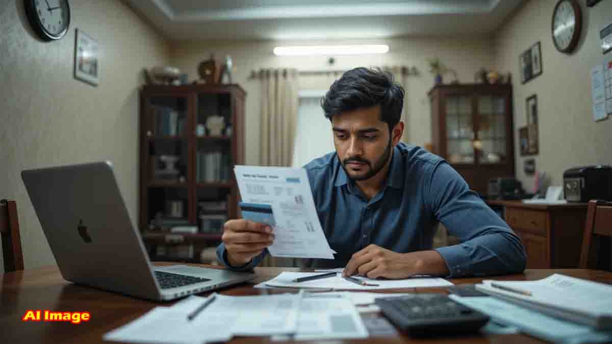 Indian man stressed over credit card bills and full limit usage, facing financial pressure at home