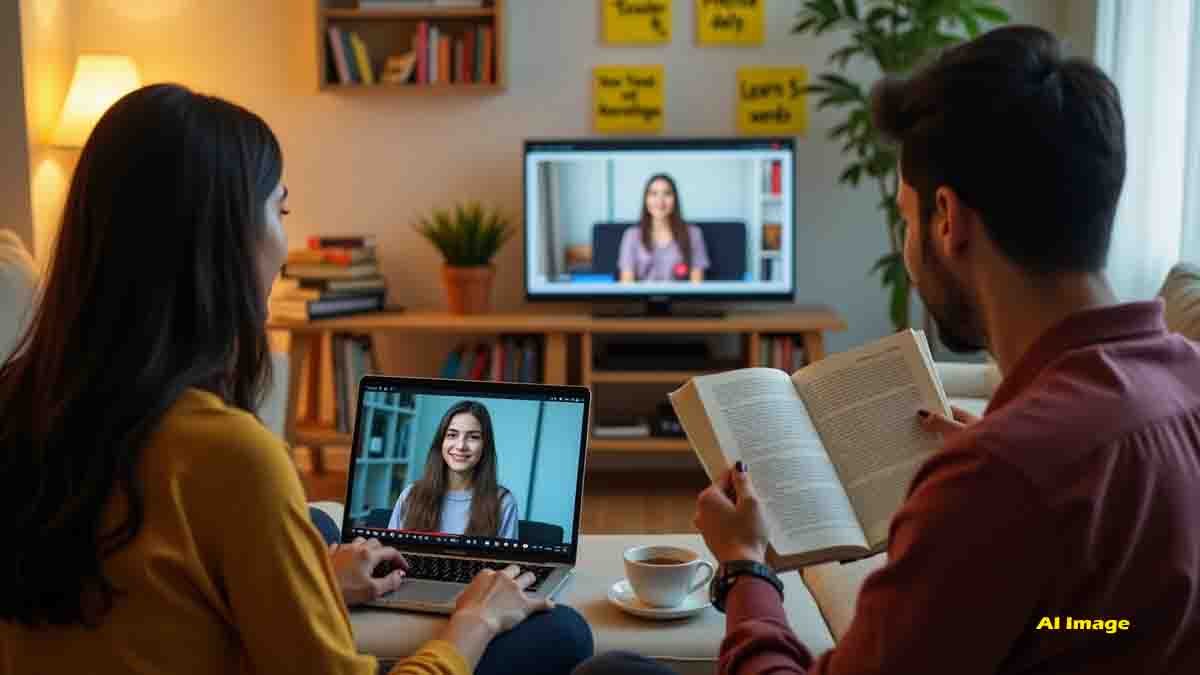 Indian students learning English at home using online resources, books, and digital tutorials.