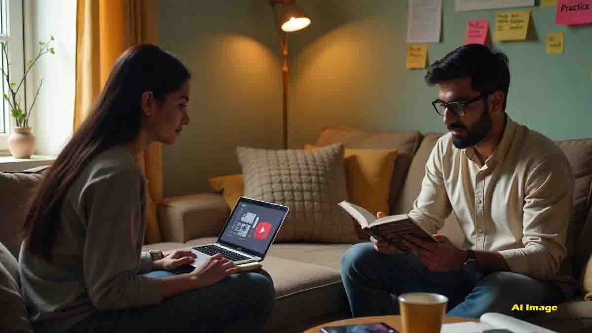 Indian students learning English at home using online resources, books, and digital tutorials.