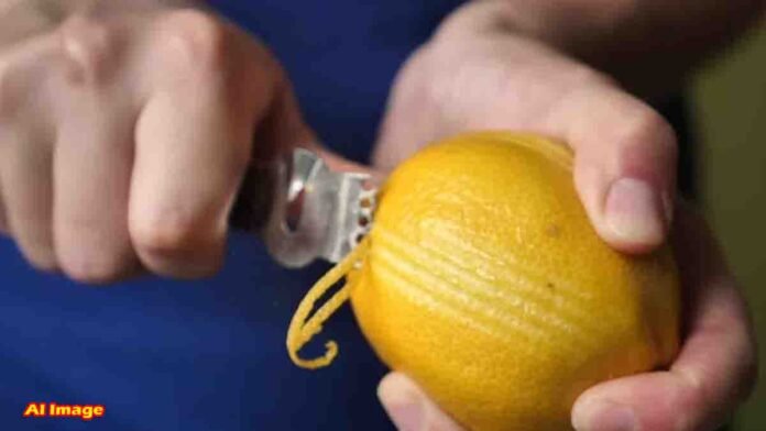Health Tips - Lemon peel and slices with green leaves showing natural health benefits and detox properties
