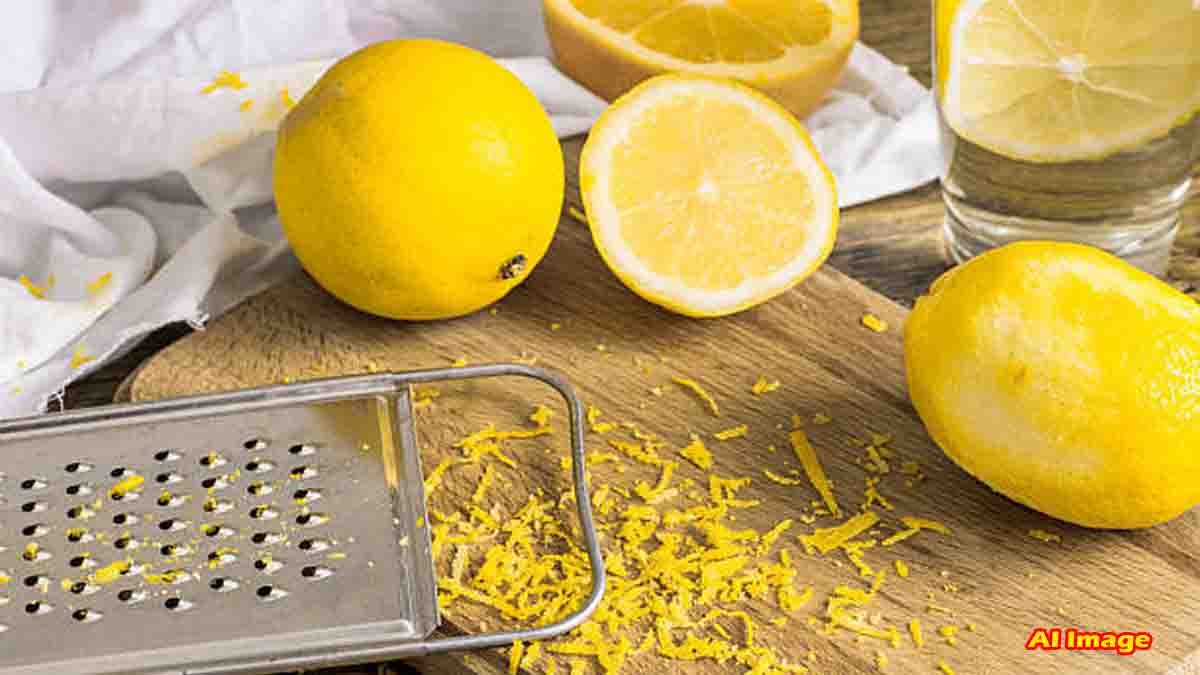Health Tips - Lemon peel and slices with green leaves showing natural health benefits and detox properties