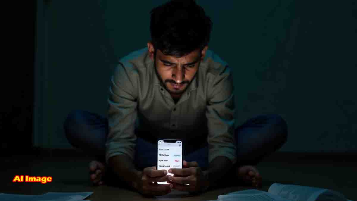 Sad young Indian man holding a smartphone with loan app notifications, sitting in a dimly lit room with scattered bills and documents around him