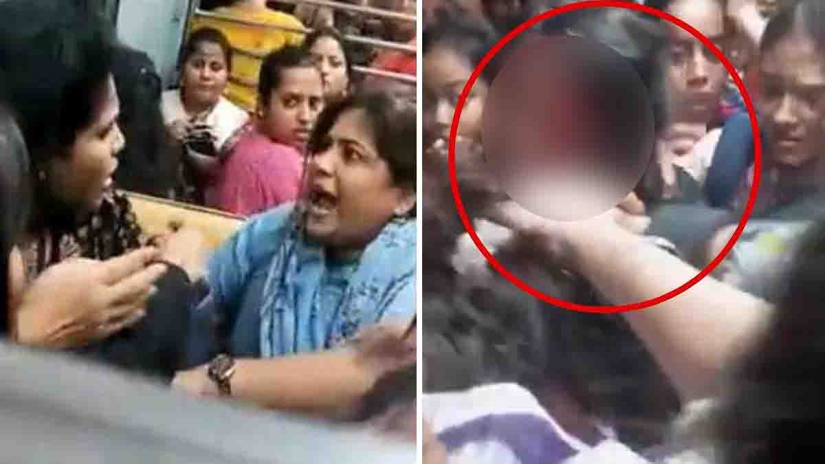 Two women physically fighting inside a crowded Mumbai ladies local train compartment, passengers watching, blood visible, viral train fight incident