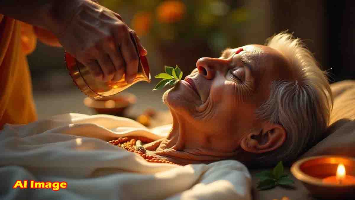 Hindu Rituals with Ganga water and Tulsi leaves placed in the mouth and forehead of the deceased as per traditional spiritual beliefs