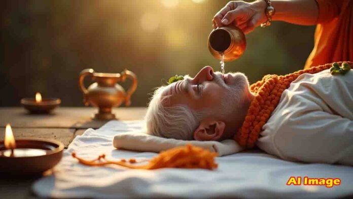 Hindu Rituals with Ganga water and Tulsi leaves placed in the mouth and forehead of the deceased as per traditional spiritual beliefs