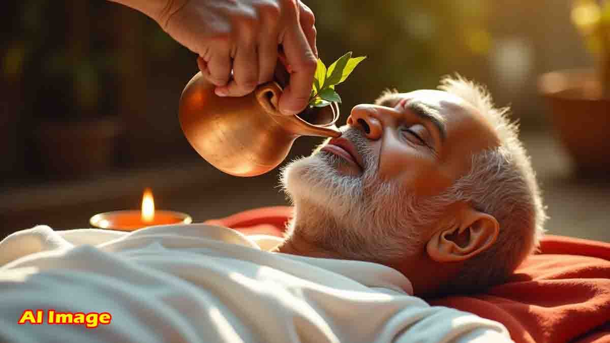 Hindu ritual with Ganga water and Tulsi leaves placed in the mouth and forehead of the deceased as per traditional spiritual beliefs