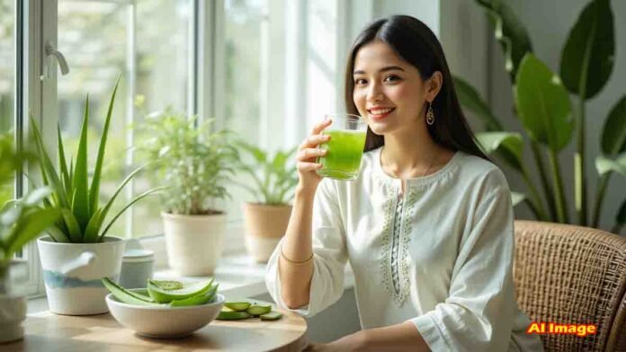 Glass of aloe vera juice with fresh aloe vera leaves on a wooden table, highlighting natural health, detox, digestion, skin care, and immunity benefits