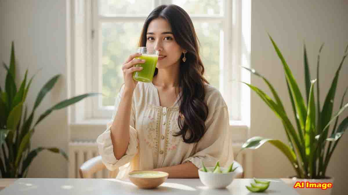 Glass of aloe vera juice with fresh aloe vera leaves on a wooden table, highlighting natural health, detox, digestion, skin care, and immunity benefits