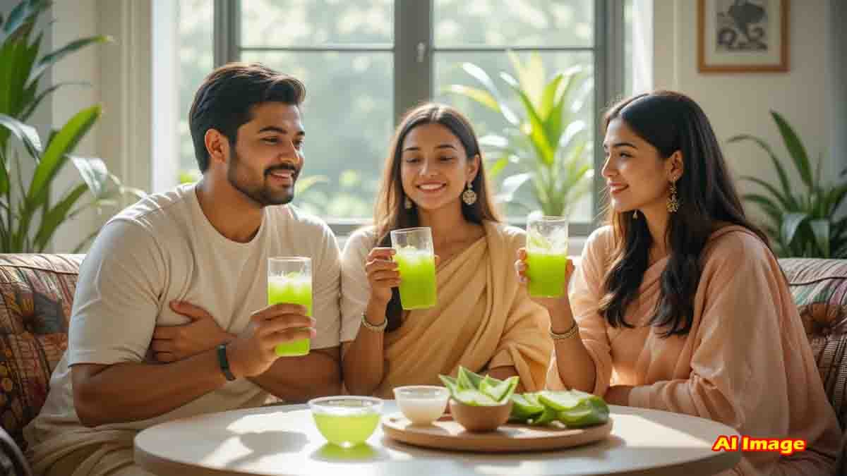 Glass of aloe vera juice with fresh aloe vera leaves on a wooden table, highlighting natural health, detox, digestion, skin care, and immunity benefits
