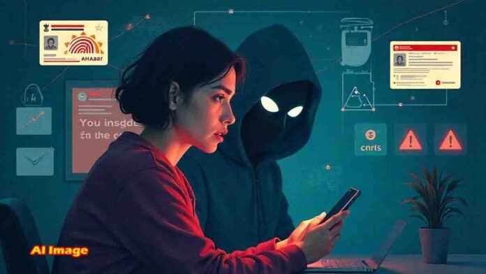 Man shocked by cyber scam message on mobile showing fake police and CBI threats, with hacker silhouette in the background and Aadhaar, OTP icons floating - Cyber Crime