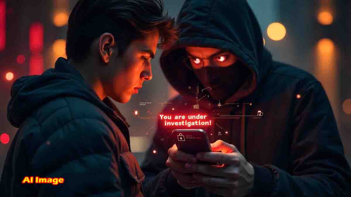 Man shocked by cyber scam message on mobile showing fake police and CBI threats, with hacker silhouette in the background and Aadhaar, OTP icons floating - Cyber Crime