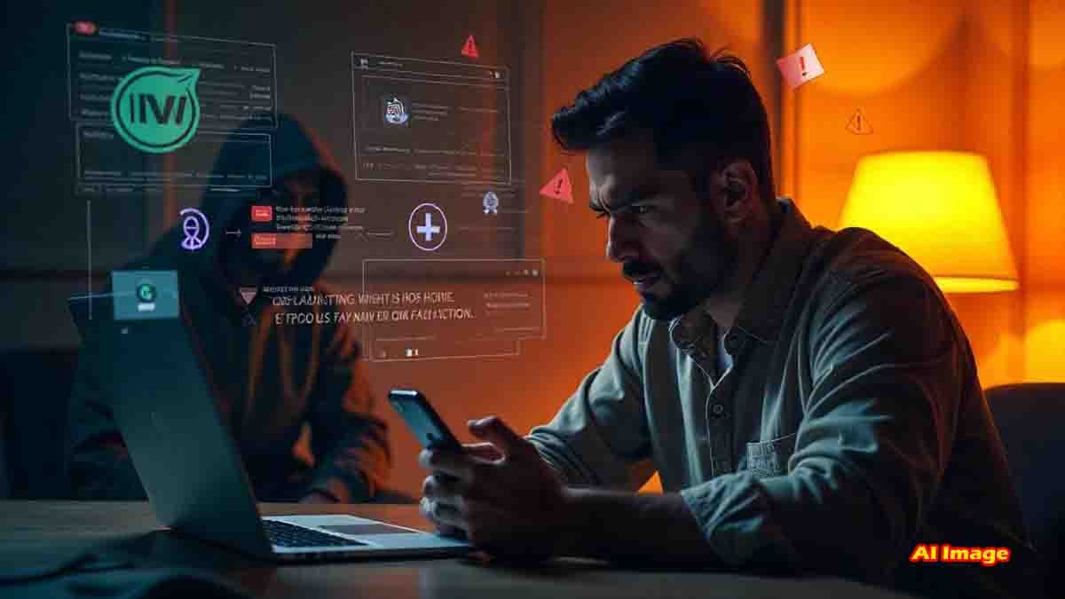 Man shocked by cyber scam message on mobile showing fake police and CBI threats, with hacker silhouette in the background and Aadhaar, OTP icons floating - Cyber Crime