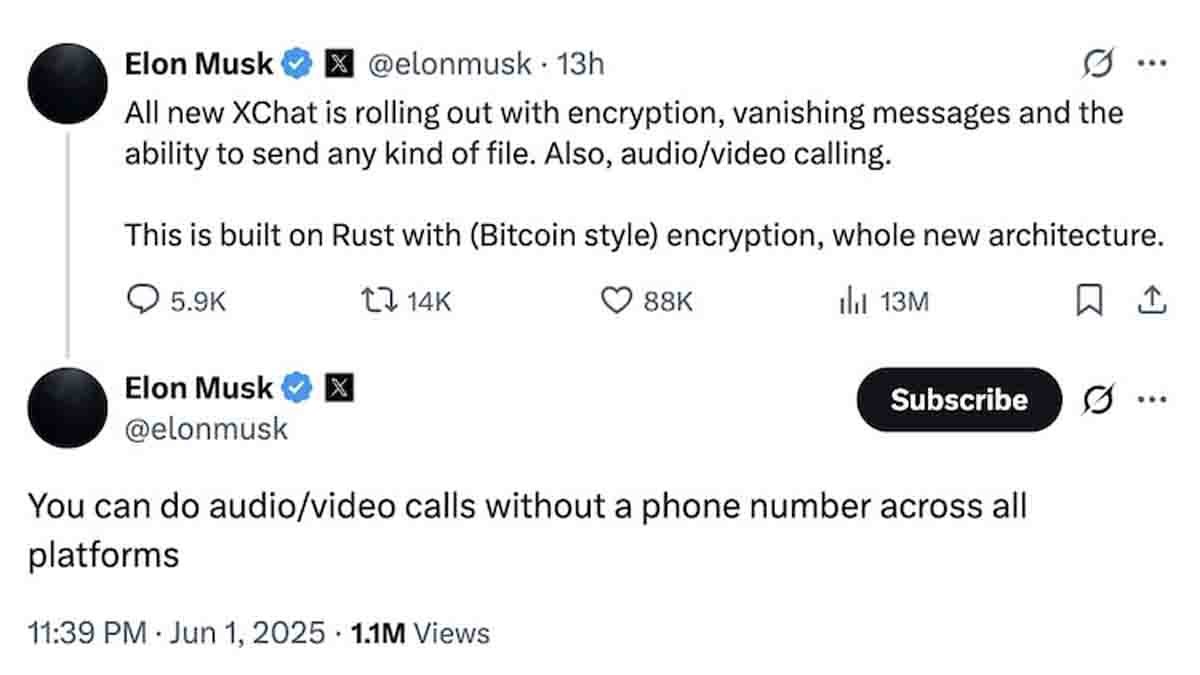Elon Musk XChat secure messaging app without phone number 2025