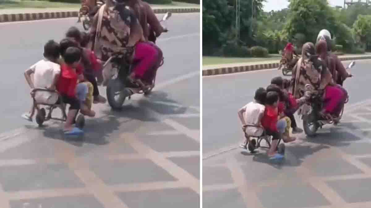 10 people including children dangerously traveling on a bike with a homemade trailer - viral video raising road safety concerns