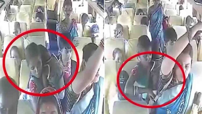 Alert - Female thief using baby to steal from woman's vanity bag in crowded public bus – CCTV footage from Odisha