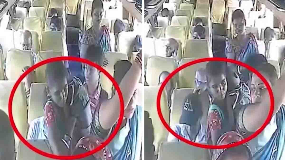 Alert - Female thief using baby to steal from woman's vanity bag in crowded public bus – CCTV footage from Odisha