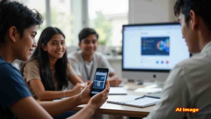 Young Indian student learning Artificial Intelligence using smartphone through Google free AI course at home