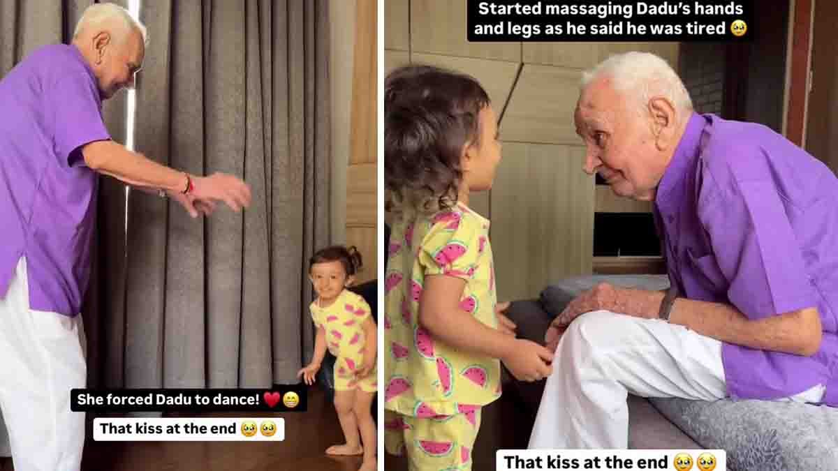 Little girl dancing joyfully with her grandfather and gently massaging his hands and feet, showing deep love and family bonding Video viral