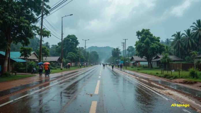 Dark monsoon clouds approaching over a Karnataka town, people walking with umbrellas, rainwater on roads, and IMD red alert warning for heavy rainfall - Karnataka Rains