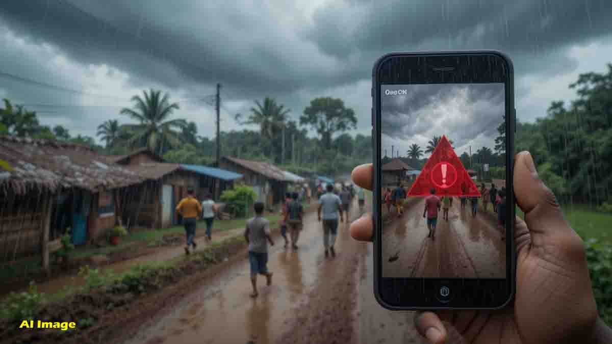 Dark monsoon clouds approaching over a Karnataka town, people walking with umbrellas, rainwater on roads, and IMD red alert warning for heavy rainfall - Karnataka Rains