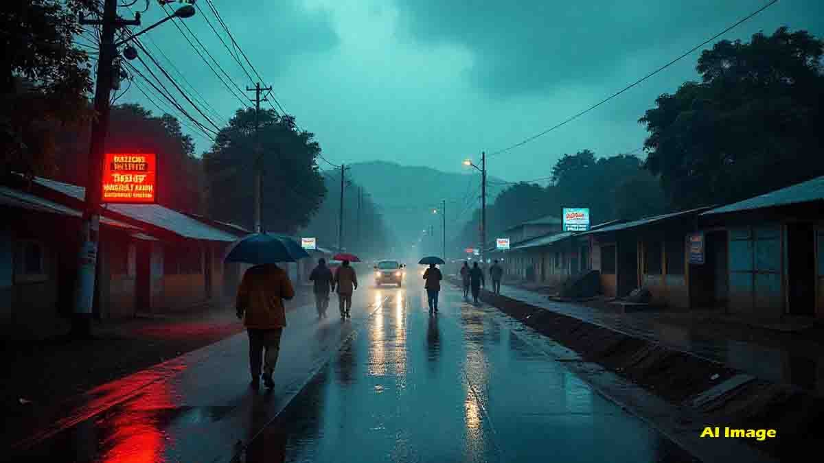Dark monsoon clouds approaching over a Karnataka town, people walking with umbrellas, rainwater on roads, and IMD red alert warning for heavy rainfall - Karnataka Rains