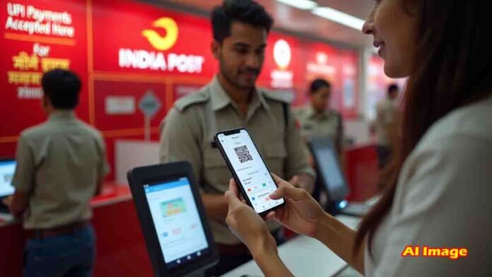 Customer using UPI to make digital payments at post office counter via QR code.