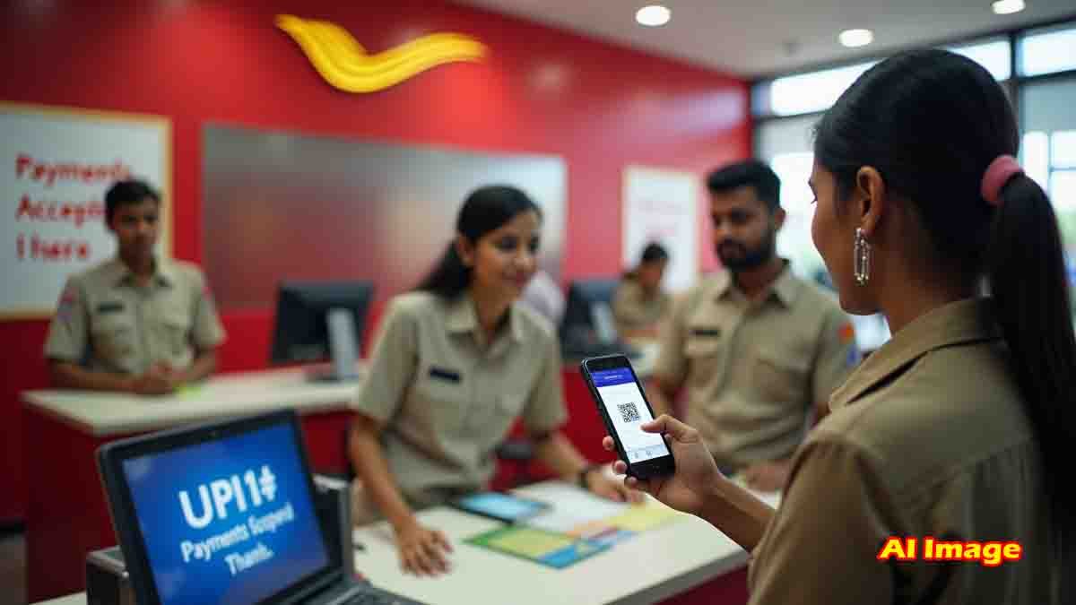 Customer using UPI to make digital payments at post office counter via QR code.