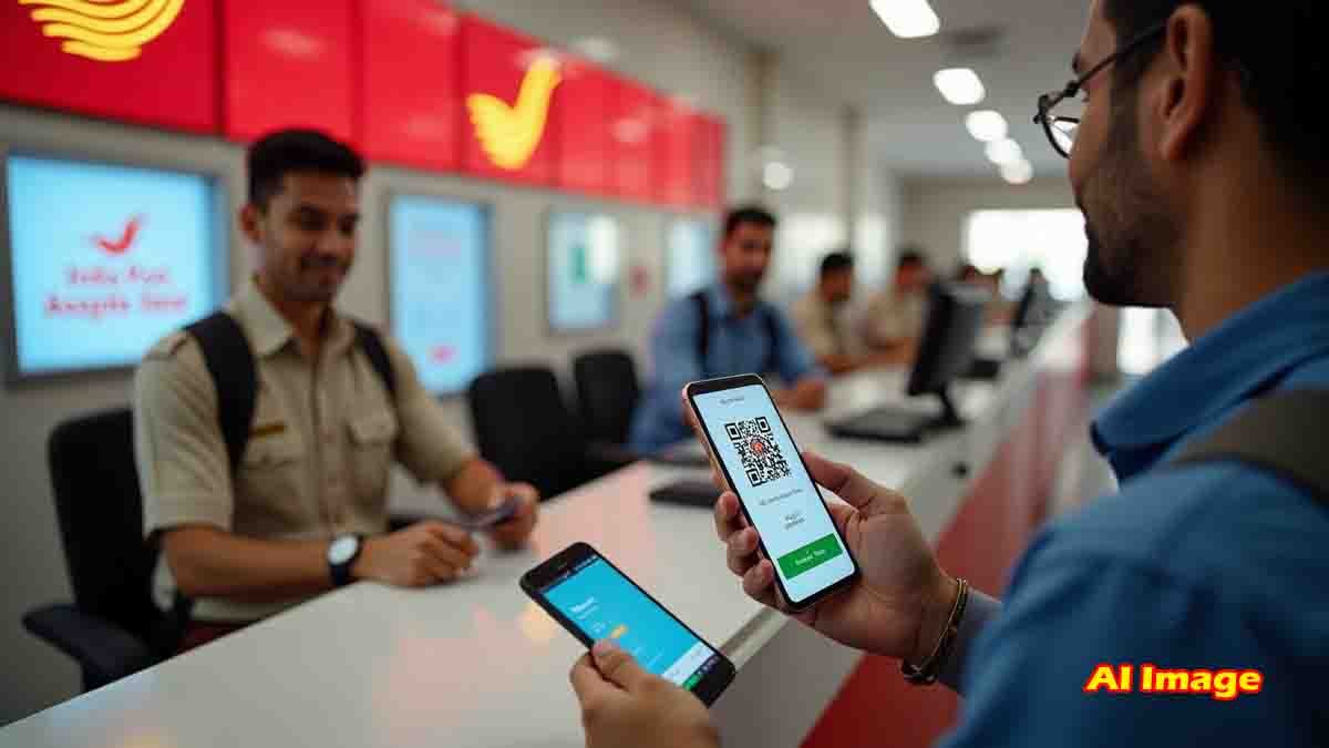 Customer using UPI to make digital payments at post office counter via QR code.