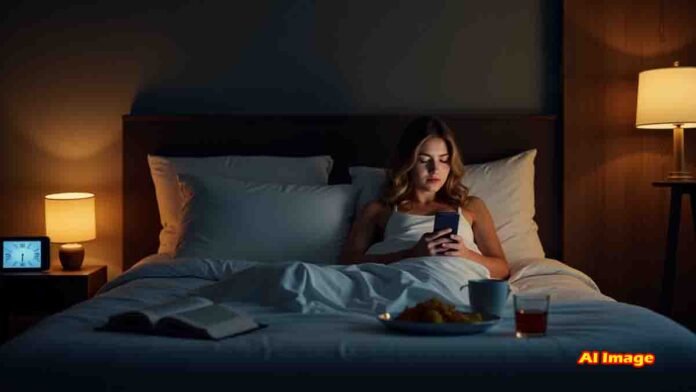 Woman struggling to sleep due to stress and screen time, with icons showing food, mobile, coffee, and meditation - Health tips
