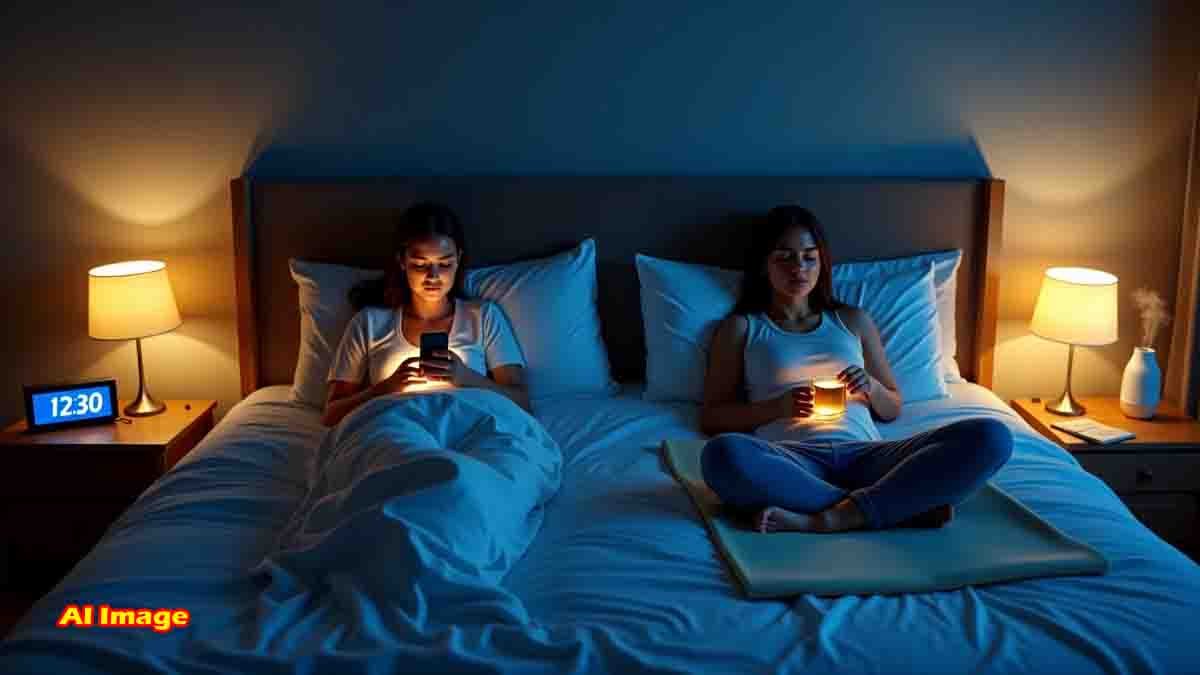 Woman struggling to sleep due to stress and screen time, with icons showing food, mobile, coffee, and meditation - Health tips