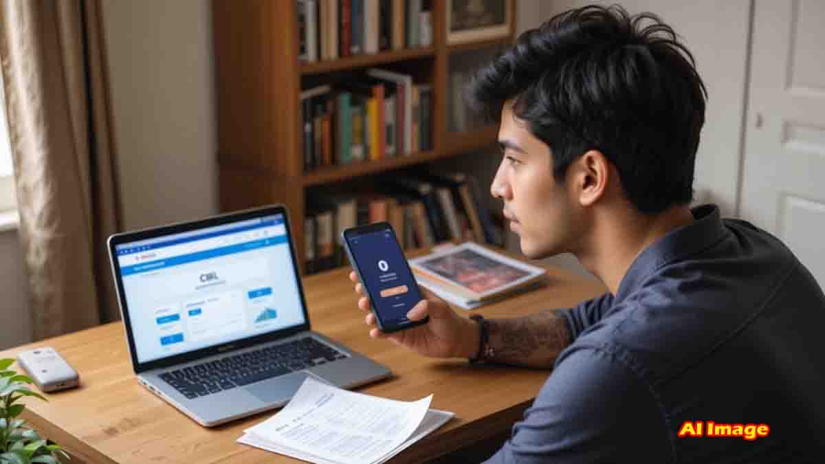 man using mobile phone to check credit score online, representing financial literacy and secured credit card usage in India
