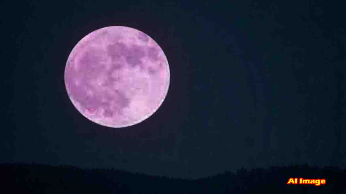Strawberry Moon 2025 glowing pink and large in the night sky, visible over the horizon with stars – a rare celestial event captured in high clarity