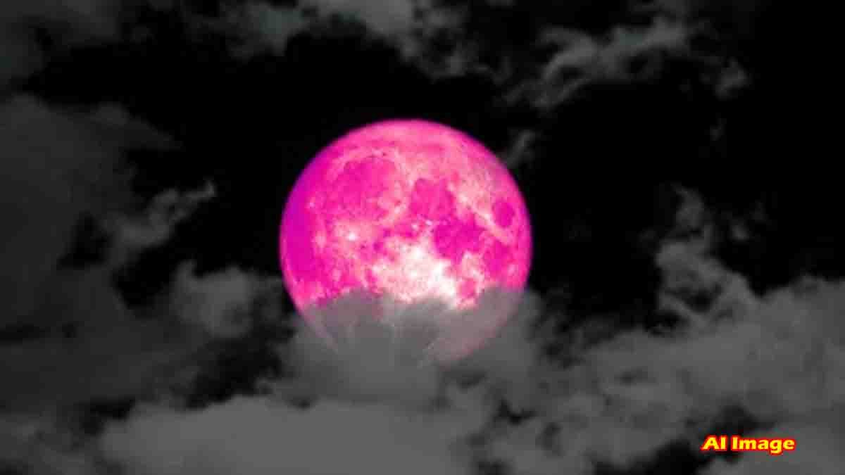 Strawberry Moon 2025 glowing pink and large in the night sky, visible over the horizon with stars – a rare celestial event captured in high clarity