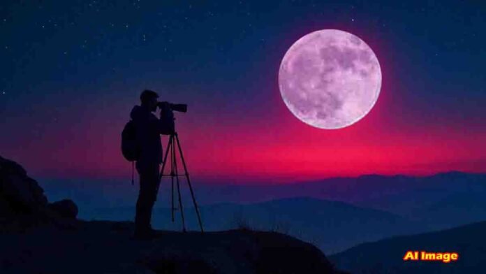 Strawberry Moon 2025 glowing pink and large in the night sky, visible over the horizon with stars – a rare celestial event captured in high clarity