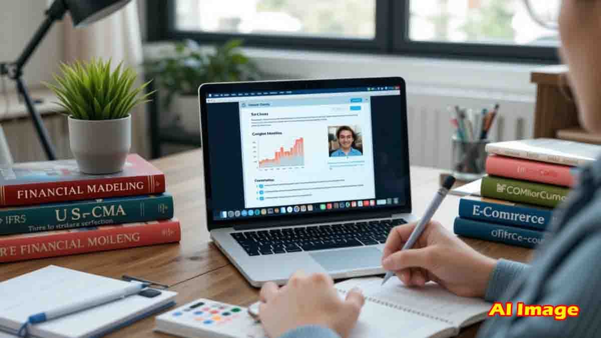 Indian commerce graduate studying certified short-term courses like FMVA, CMA, IFRS, Stock Market, and E-Commerce at a desk with a laptop, notepad, and career planning materials