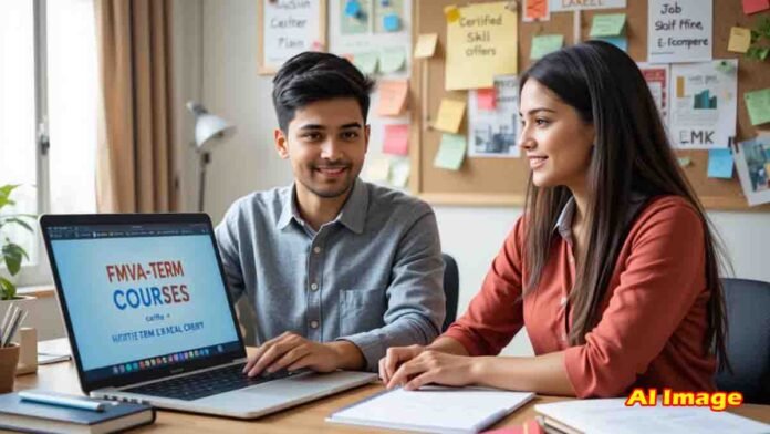 Indian commerce graduate studying certified short-term courses like FMVA, CMA, IFRS, Stock Market, and E-Commerce at a desk with a laptop, notepad, and career planning materials