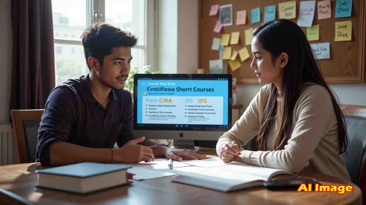 Indian commerce graduate studying certified short-term courses like FMVA, CMA, IFRS, Stock Market, and E-Commerce at a desk with a laptop, notepad, and career planning materials
