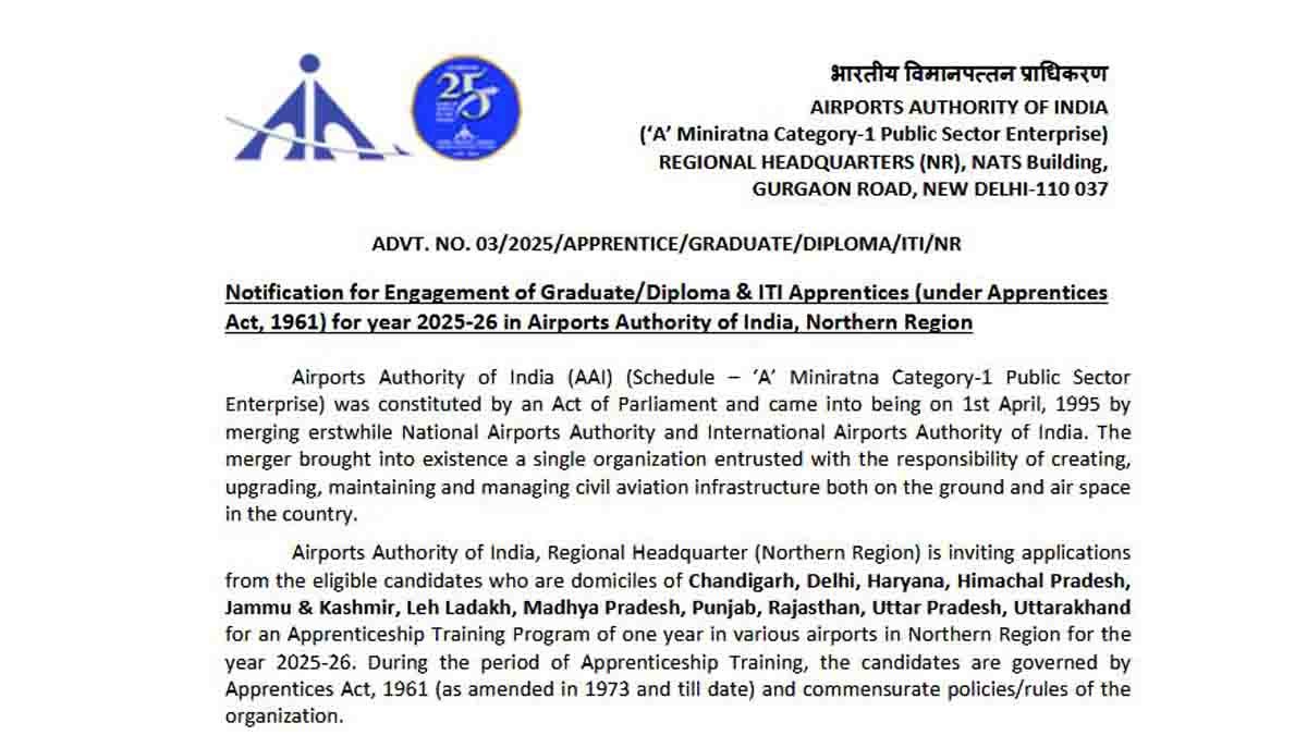 AAI Apprentice Recruitment 2025 Notification – ITI, Diploma, Graduate Training with Stipend