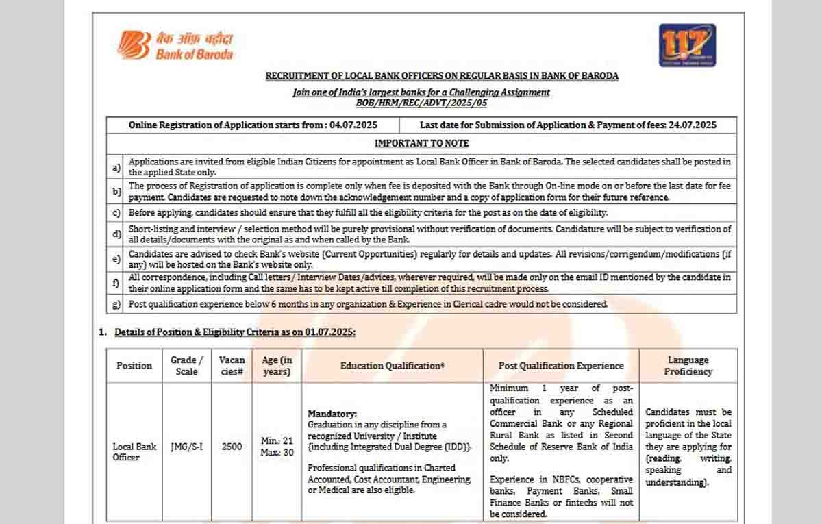 Bank of Baroda Recruitment 2025 – Apply Online for 2500 Local Bank Officer Posts – Salary, Age Limit, Application Process