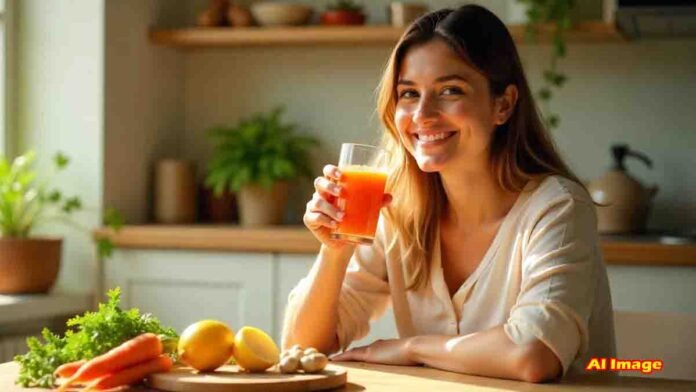 A glass of freshly made carrot and ginger juice placed on a wooden table with raw carrots, sliced ginger, and lemon – natural morning health drink for immunity, digestion, and glowing skin