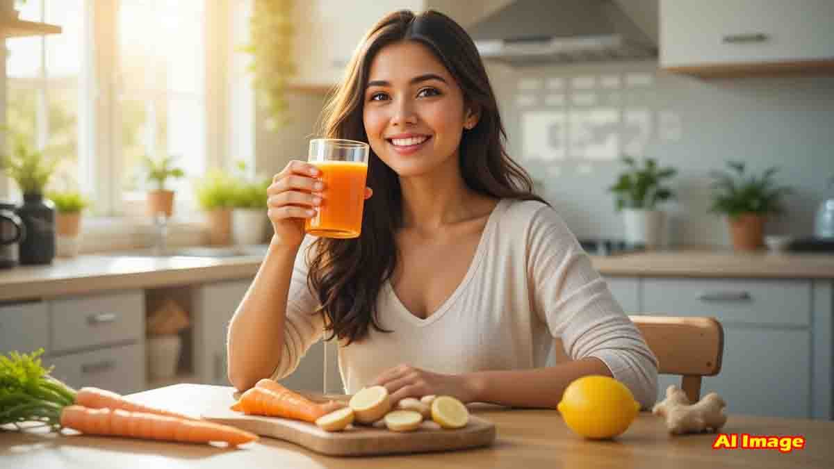 A glass of freshly made carrot and ginger juice placed on a wooden table with raw carrots, sliced ginger, and lemon – natural morning health drink for immunity, digestion, and glowing skin