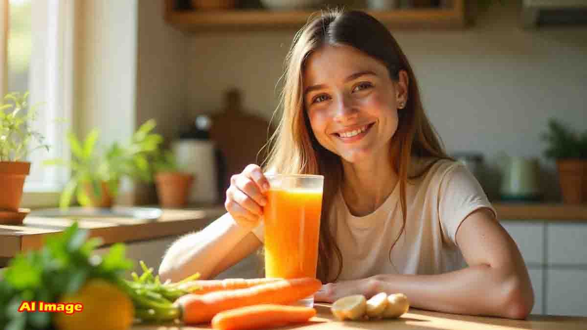 A glass of freshly made carrot and ginger juice placed on a wooden table with raw carrots, sliced ginger, and lemon – natural morning health drink for immunity, digestion, and glowing skin