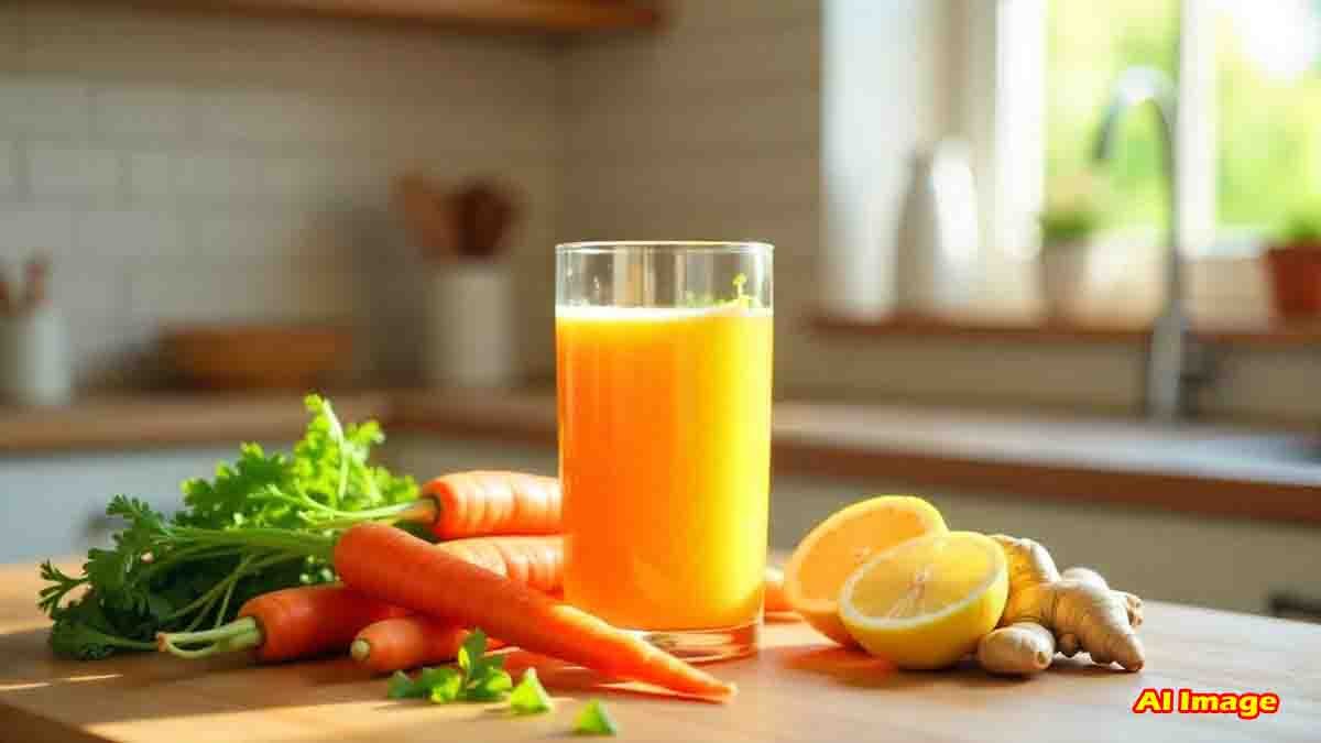 A glass of freshly made carrot and ginger juice placed on a wooden table with raw carrots, sliced ginger, and lemon – natural morning health drink for immunity, digestion, and glowing skin
